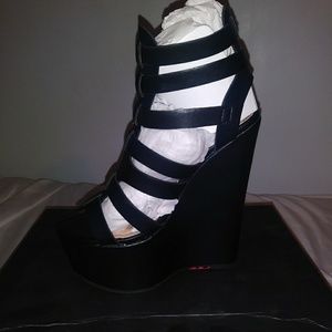 Ultra High Strappy Black Wedges